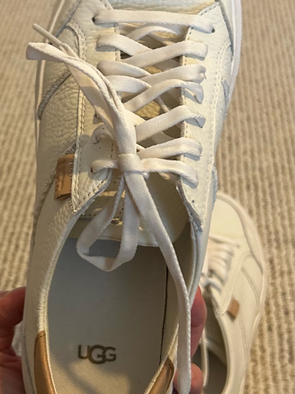 UGG Women’s Alameda Cream Leather Sneakers with Tan Heel Accent - size 9 - Picture 2 of 14